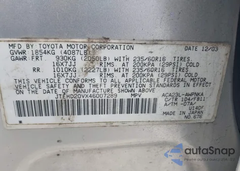 2004 Toyota Rav4 z USA, uszkodzony, nr VIN JTEHD20VX46007289